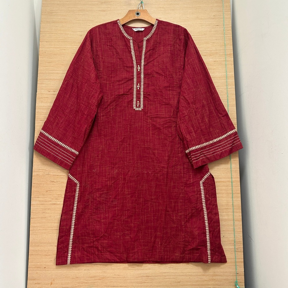 Sapphire Red Khaddar Kurta Embroidered Split Neck Tunic Womens Small Pakistani